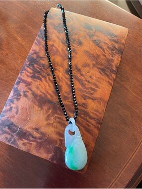 Genuine Natural Hand Carved Jadeite Gourd on Natural Black Spinel bead Necklace
